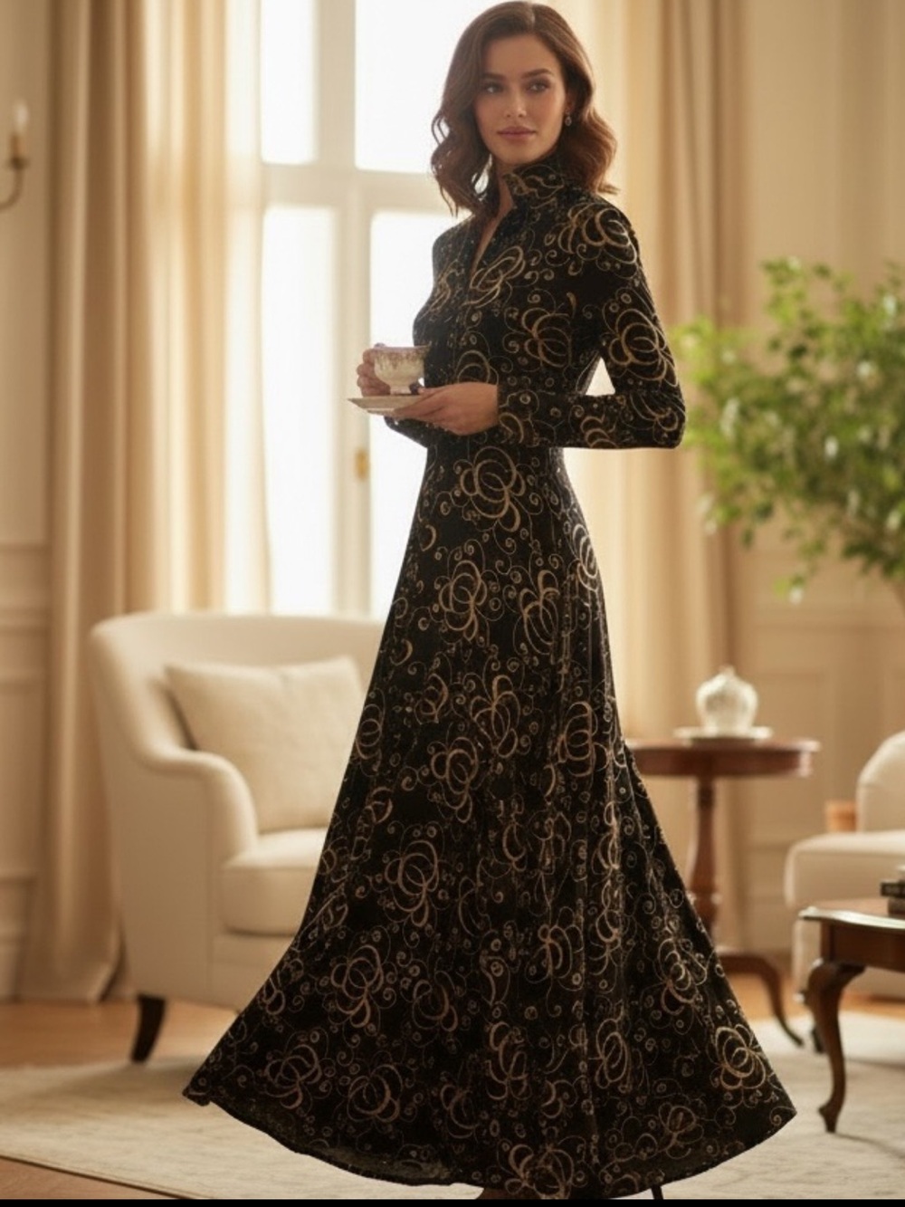 Elegant Couture Black Wool and Gold Embossed Embroidery Dress 1930’s-1940’s EUC